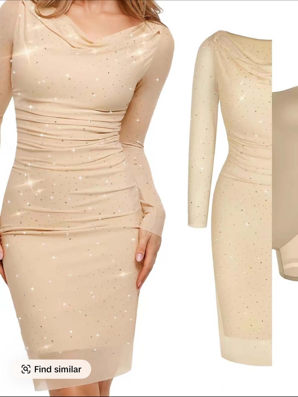 Popilush Elegant Nude Sparkle Long-Sleeve Bodycon Dress